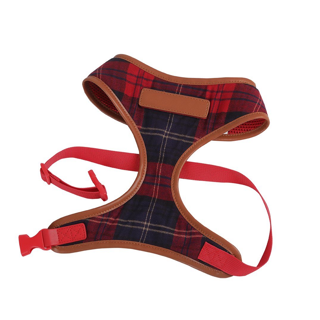 Navy & Red Tartan Fabric Dog Harness