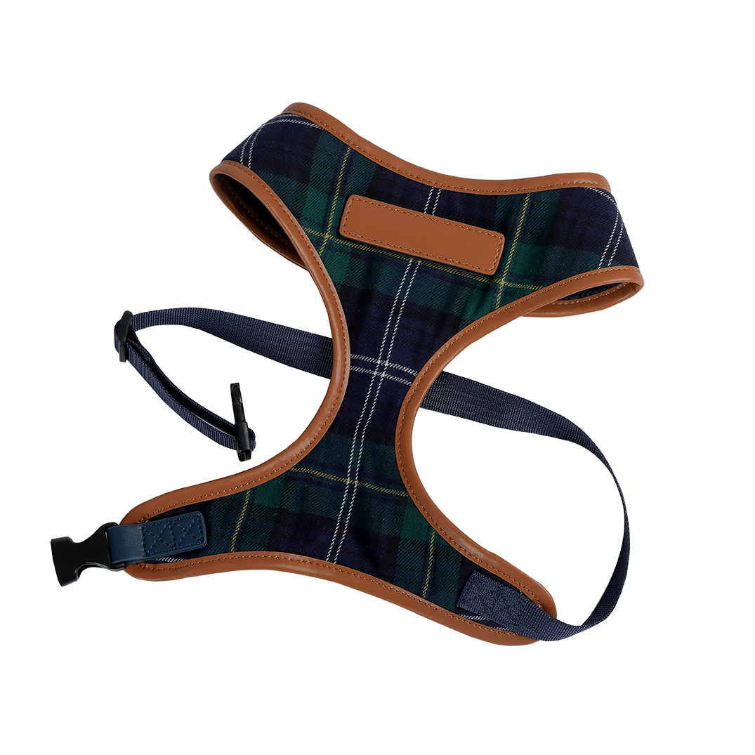 Navy & Green Tartan Fabric Dog Harness