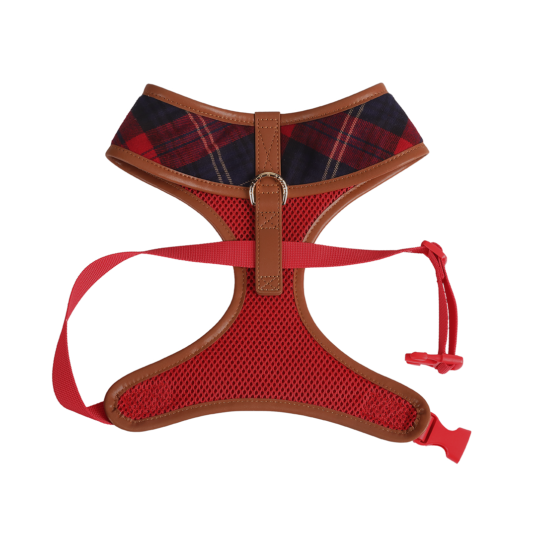 Navy & Red Tartan Fabric Dog Harness