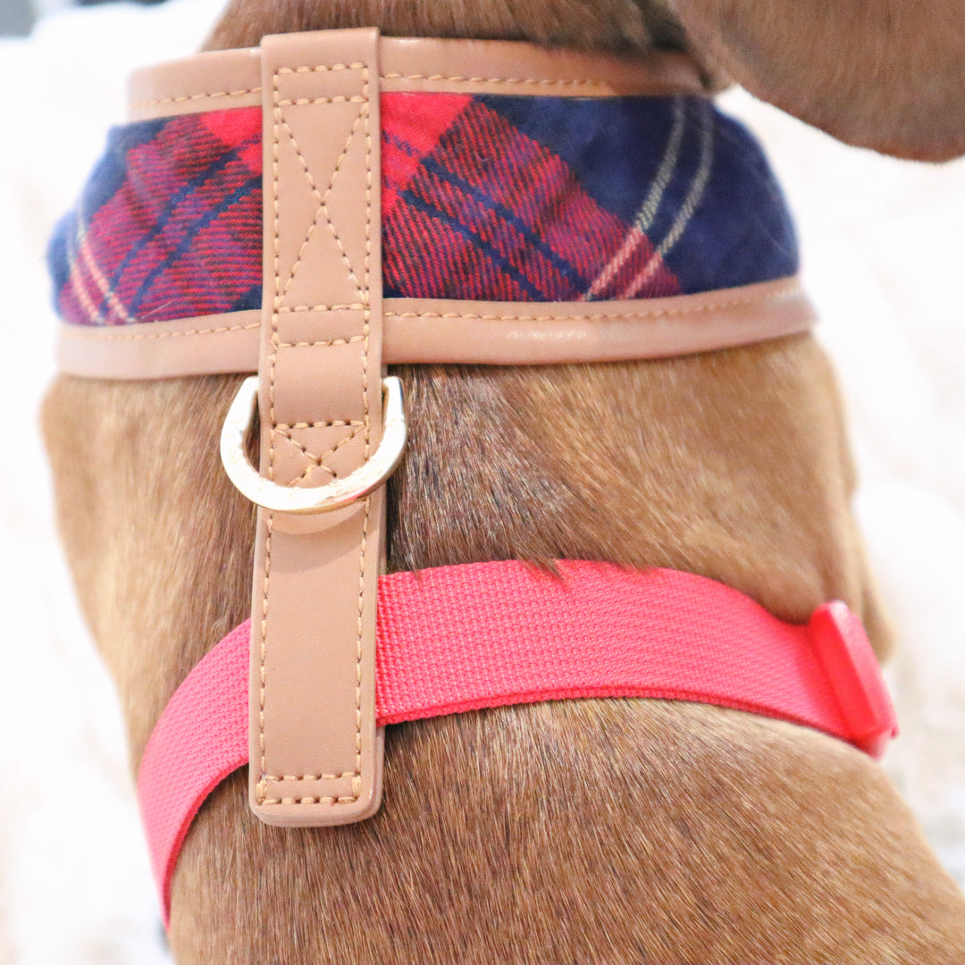 Navy & Red Tartan Fabric Dog Harness